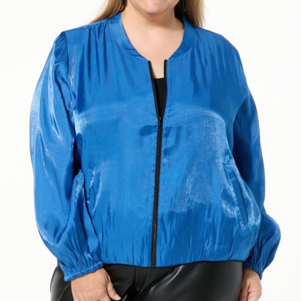 Colleen Lopez Silky & Shiny Blue Bomber Jacket, Zipper Front, Lightweight, Sz  M